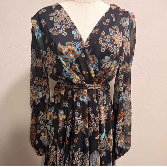 Tommy Hilfiger Long Sheer Sleeves V Neck Floral Maxi Dress 16 Elegant Designer - Picture 3 of 10